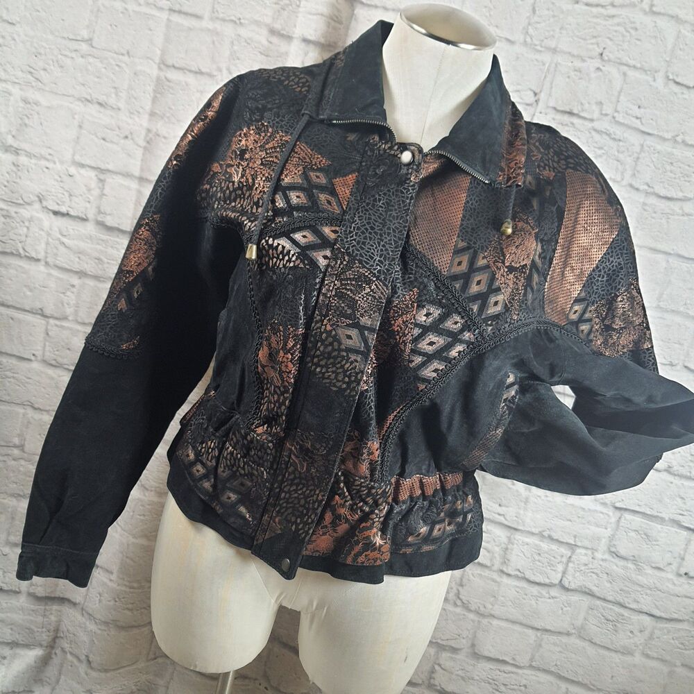 Vtg 80s Suzies Black Moto Leather Jacket Large Dolman Snap Crop Insulated 6729